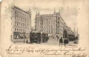 1899 Praha, Prague; Komensky Platz / square, Karel Zajiceks shop, tram (b)