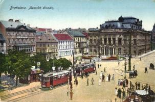 Pozsony, Pressburg, Bratislava; Mestské divadlo / sétatér, színház, villamosok / promenade square, theater, trams (Rb)