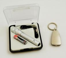 LED elemlámpa, eredeti dobozában, elemmel, szíjjal. h: 10 cm + kulcstartó késsel, konzervnyitóval, eredeti dobozában