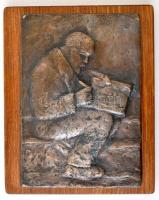 Takács Erzsébet (1928-1999): Író. Bronz plakett, jelzett, fára ragasztva, 22×15 cm