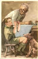 A cserkész feljebbvalóinak jószívvel engedelmeskedik. Cserkész levelezőlapok kiadóhivatal / Hungarian scout boy art postcard s: Márton L. (EK)