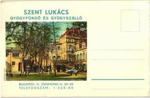 Budapest II. Szent Lukács gyógyfürdő és gyógyszálló, automobil, reklámlap. Klösz (EK)