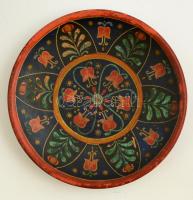 Népi mintás kerámia fali fazekas tányér, kopásnyomokkal, jelzett(Lénárd Tata), d: 24 cm
