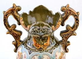 Zsolnay jelzéssel: Amfora váza, mázas kerámia, részben kézzel festett, kopott, m:34 cm