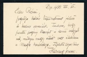 1938 Herczeg Ferenc (1863-1954) személyes hangú köszönő levele édesanyja halála alkalmából Hegedüs Rózsának, Hegedüs Sándor politikus és Jókai Jolán lányának, ifj. Hegedüs Sándor író és Hegedüs Loránt politikus hugának