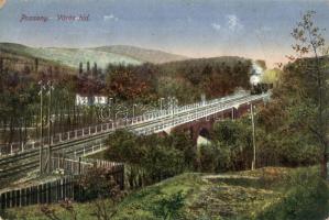 Pozsony, Pressburg, Bratislava; vasúti Vörös híd gőzmozdonnyal / railway bridge with locomotive (Rb)