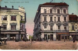 Kassa, Kosice; Kossuth Lajos utca, Magyar Általános Hitelbank, Kobrak cipőraktára, gyógyszertár, Phőnix biztosító. Nyulászi Béla kiadása / street view, shops, bank, shoe store, pharmacy, insurance company (EK)