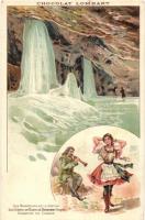 Dobsina, Dobschau; Les Gaves de Glace / jégbarlang, folklór, csárdás tánc / ice cave, Hungarian folklore. Chocolat Lombart advertisement. Art Nouveau litho