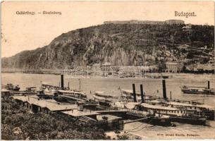 Budapest I. Gellérthegy látképe az Erzsébed híd építése előtt, hajóállomás gőzhajókkal, a Szt. Gellért szobor még nem látható. Divald Károly 55. sz.