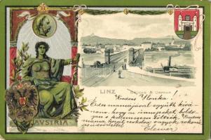 Linz, Brücke & Urfahr / bridge, steamship. coat of arms, Art Nouveau Emb. litho / dombornyomott címer (EM)