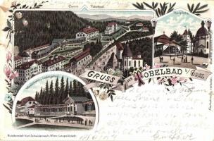 1897 (Vorläufer!) Tobelbad bei Graz, Wandelbahn u. Ludwigsbad, Curort, Kurplatz / spa, hiking trail. Kunstanstalt Karl Schwidernoch floral Art Nouveau litho (kis szakadás / small tear)
