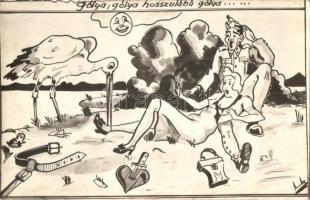 1942 Gólya, gólya, hosszúlábú gólya. Második világháborús tábori posta, humoros grafika / WWII Hungarian humorous, erotic graphic military field post