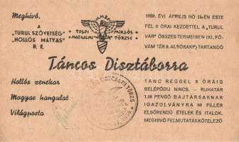 1938 Meghívó a Turul Szövetség Hollós Mátyás B. E. Toldi Miklós törzs táncos dísztáborába / Hungarian irredenta invitation postcard (EK)