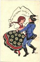 Lesz még egyszer ünnep a világon!... / Hungarian irredenta art postcard, dancing couple, folklore (EK)