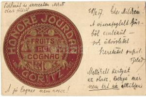 Honore Jourdan Fruits au Cognac / Italian cognac advertisement card, golden decorated Emb. (EK)