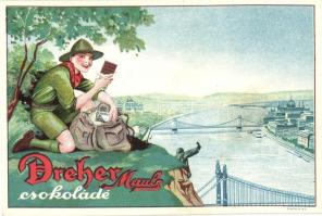 Dreher Maul csokoládé reklámlapja cserkésszel a Gellért-hegyen / Hungarian chocolate advertisement card with boy scout