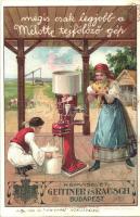 Mélotte tejfölöző gép reklámlapja, képviselet: Geittner és Rausch, Budapest / milk skimming machine advertisement card, Hungarian folklore. Kellner és Mohrlüder litho (r)