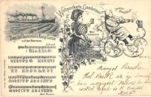 1898 Das vollkommene Kneip-Genie auf der Bierreise. Weltpostkarte Gambrinus. Karl Tannen / beer advertisement. floral Art Nouveau litho