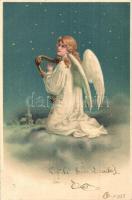 Christmas greeting card, angel playing harp. litho (EK)