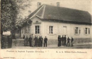 Topuszka, Topusko; K.u.K. Militär-Bade-Heilanstalt. Dragutin Schier / katonai kórház fürdő / K.u.K. military bathing hospital, spa (ázott sarok / wet corner)