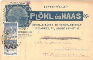 Plökl és Haas sport- és divatáru kereskedők reklámlapja. Budapest VI. Andrássy út 13. / Spezialitäten in Sportartikeln / Hungarian sportshop advertisement card (EK)