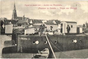 Eszék, Essegg, Osijek; Zimska Luka / Winterhafen / Téli kikötő, Dráva 2. uszály / winter harbor with barges (EK)