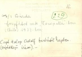 1937 SS Csárda, egycsavaros tengeri áruszállító gőzhajó, foszfátot rak Tocopillában (Chile), kapitán...