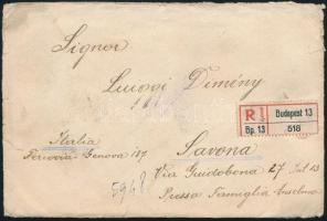 1924 Ajánlott levél 10.500K vegyes bérmentesítéssel "BUDAPEST" Olaszországba küldve