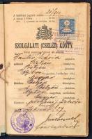 1912 Pöstyén, Szolgálati cselédkönyv, pecsétel, okmánybélyeggel, bejegyzésekkel