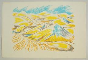 Szilárd Klára (1921-): Dombos táj. Színes szitanyomat, papír, jelzett, 31×42 cm