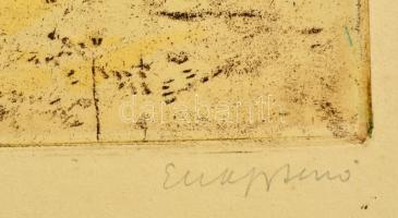 Elekfy Jenő (1895-1968): Ősz a kis Dunánál. Színezett rézkarc, karton, jelzett, 29×38 cm