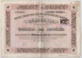Budapest 1928. Pesti Magyar Kereskedelmi Bank névre szóló tíz részvénye összesen 500P-ről, szárazpecséttel, bélyegzésekkel és szelvényekkel T:III-