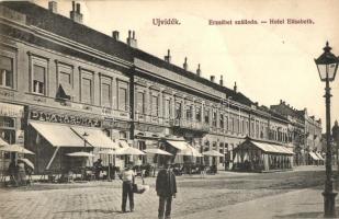 Újvidék, Novi Sad; Erzsébet szálloda, Löwy Mátyás és Társa, Svetozar Milovanovic, Obermüller és Társa üzletei, sörcsarnok, Urbán Ignác kiadása / hotel, shops, beer hall (b)