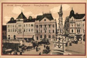 Újvidék, Novi Sad; Ferenc József tér, villamos, piac, Kovács József, Dornstadter Jakab üzletei, Első Magyar Biztosító Társaság. Hohlfeld J. kiadása / square, tram, market, shops, insurance company