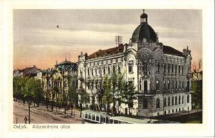 Eszék, Essegg, Osijek; Alexandrova ulica / utcakép villamossal, Milan Dirnbach kiadása / street view, tram