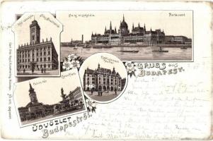 1897 (Vorläufer!) Budapest, Országház, Parlament, Régi városháza, Kálvin tér, Etablissement Reutter vendéglő. Carl Otto Hayd Kunstverlag floral Art Nouveau litho (EK)