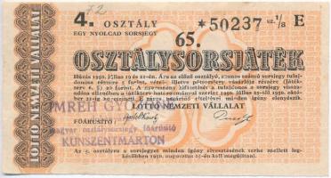 1950. "65. Osztálysorsjáték" 4. osztály 1/8 sorsjegy, "E" sorozat T:III