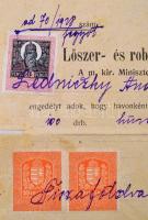 1928 Lőszer és robbanóanyag vásárlási engedély, Tiszaföldvár, Ledniczky András kunszentmártoni telek...