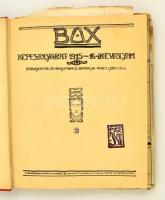 1915-1916 a Jendrassik Tibor (?-?) és a tragikus sorsú Jendrassik Aurél (1904-1927) szerkesztette Box képes folyóirat kőnyomatos lapszámai, számos érdekes írással, félvászon kötésben egybekötve, néhány lap kijár