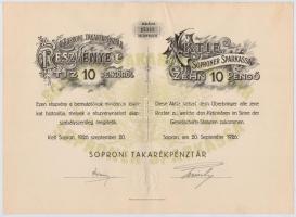 Sopron 1926. "Soproni Takarékpénztár" részvénye 10P-ről, magyar és német nyelvű, szárazpec...