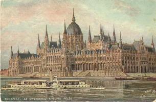 Budapest V. Az Országház a Duna felől, Parlament, gőzhajó. Raphael Tuck & Sons Oilette, Series Budapest No. 777. s: Beraud (EK)