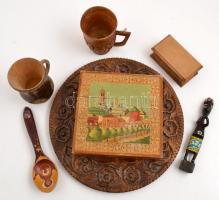 Fa tárgyak: váza, bögre, tál, kanál, figura, 2 db doboz, összesen:7 db