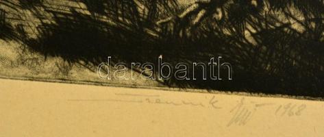 Szennik György (1923-2007): Halászkunyhó '68, rézkarc, papír, jelzett, 24×48 cm