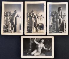 cca 1940 Múzsák és a művész, 4 db fotó, pózoló aktmodellek, az egyik fotón háttérben a(z ismeretlen) művésszel, 9x6 cm.