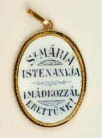 Szűz Mária Mariazell porcelán medál arany(Au) 14K kerettel, jelzés nélkül, 2x1,5 cm, bruttó: 1,4 g