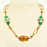 Aranyozott ezüst(Ag) karkötő, üveg gyöngyökkel, jelzett, h: 19 cm, bruttó: 12,8 g