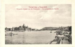 Budapest, Távlati kép a Duna felől, Országház, Parlament, gőzhajó, rakpart (képeslapfüzetből / from postcard booklet)