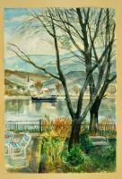 Udvary Pál (1900-1987): Nagymaros. Vegyes technika, papír, jelzett, 45×30 cm