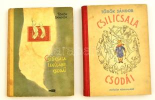 Török Sándor: Csiliacsala csodái (Második kiadás.)+Csilicsala legújabb csodái (Első kiadás). Réber László rajzaival. Bp., 1957-1961, Ifjsúsági Könyvkiadó-Móra. Első kiadás-Kiadói illusztrált félvászon-kötés, kissé kopottas borítóval.