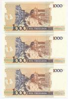 Brazília 1989. 1000C "1 Cruzado Novo" felülbélyegzéssel (3x) egy pár sorszámkövető és egy ...
